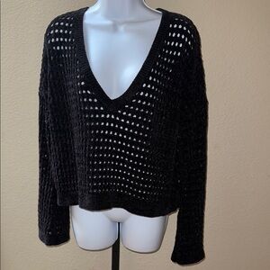 Express Bell Sleeve V-Neck Cropped Chenille Sweater Mesh Pattern Black Size M
